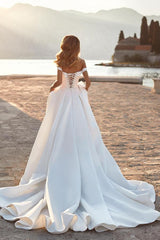 Long A-line off the Shoulder Ruched Satin Wedding Dress with Beads