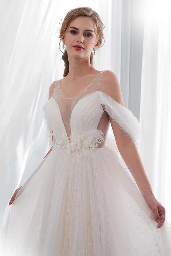 Long V-neck Ruffle Cold shoulder Tulle A-line Wedding Dress