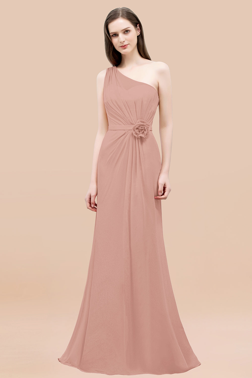 Mermaid Chiffon One Shoulder Sleeveless Ruffled Floor Length Bridesmaid Dresses with Flower