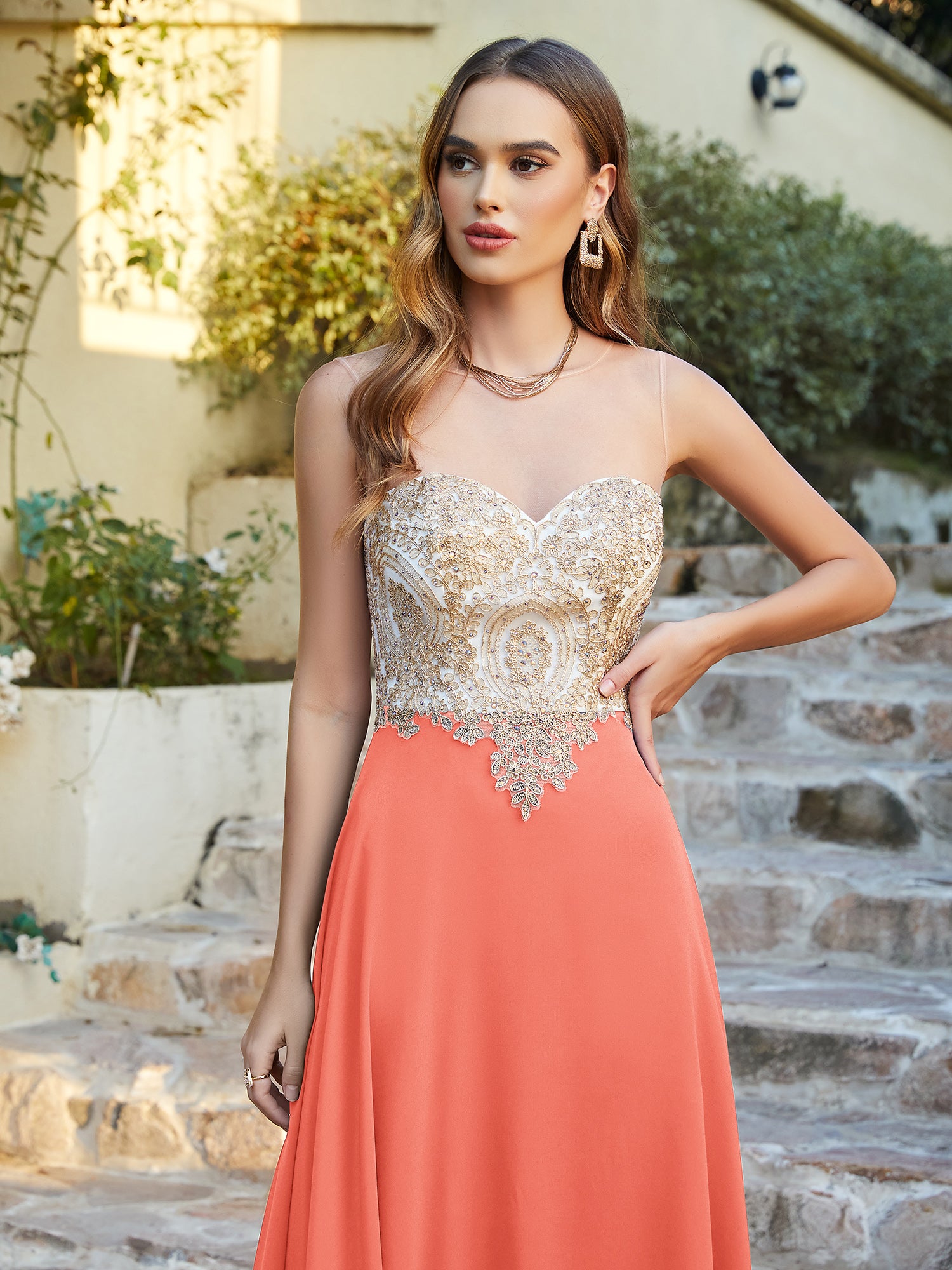 Elegant Long A-line Chiffon Sleeveless Tulle Lace Appliques Prom Dress