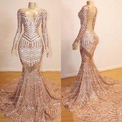 Mermaid Long Sleeves V-neck Sequined Sweep Train Prom Dresses
