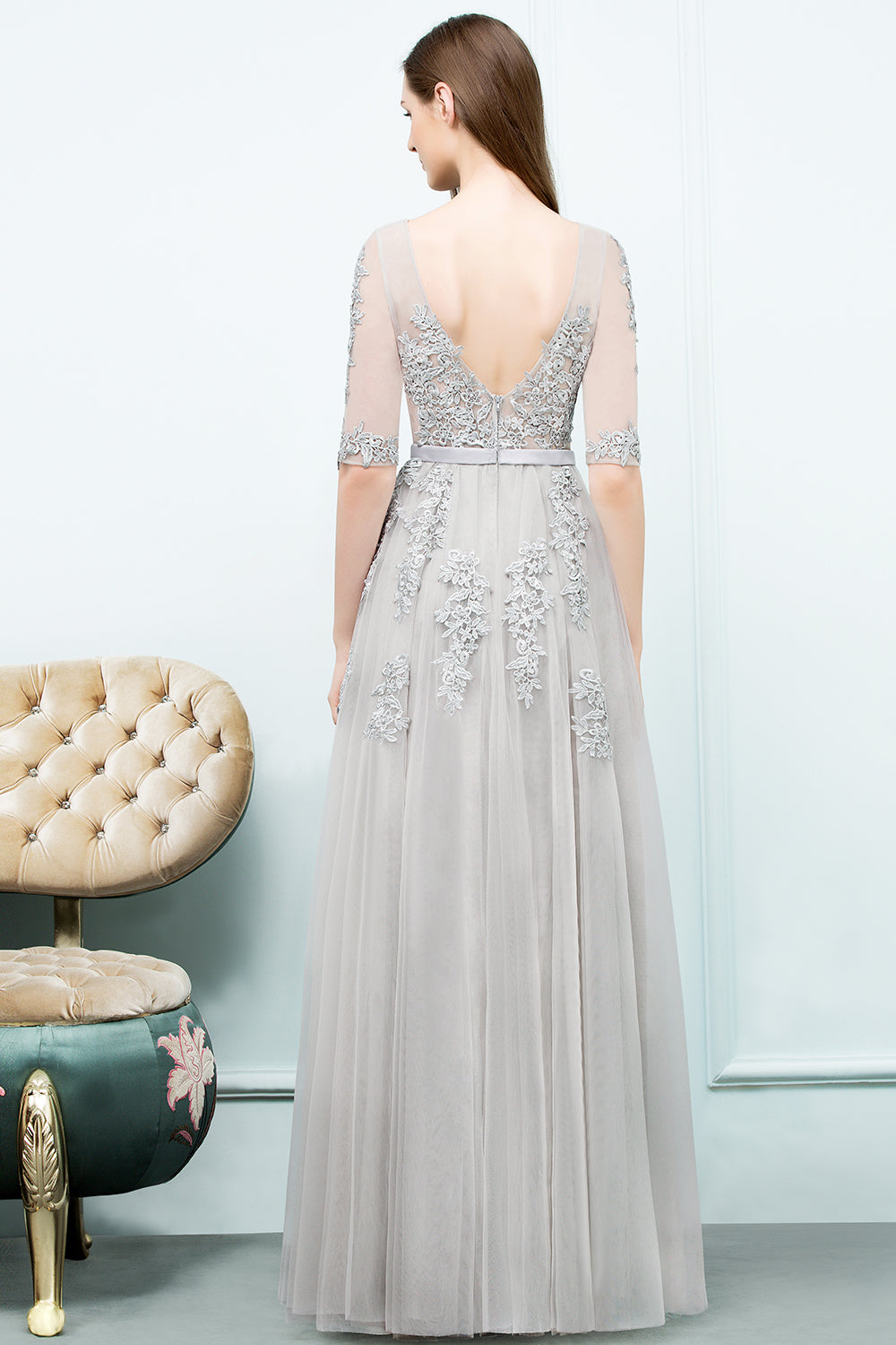 Long V-neck Tulle Lace A-line Evening Dress with Sleeves