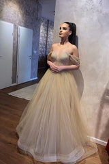 Classy Long Sweetheart Off the Shoulder Beading A-Line Tulle Ruffles Wedding Dress
