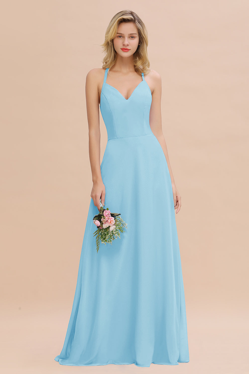 Stylish Chiffon Spaghetti Straps Sleeveless Long Bridesmaid Dress