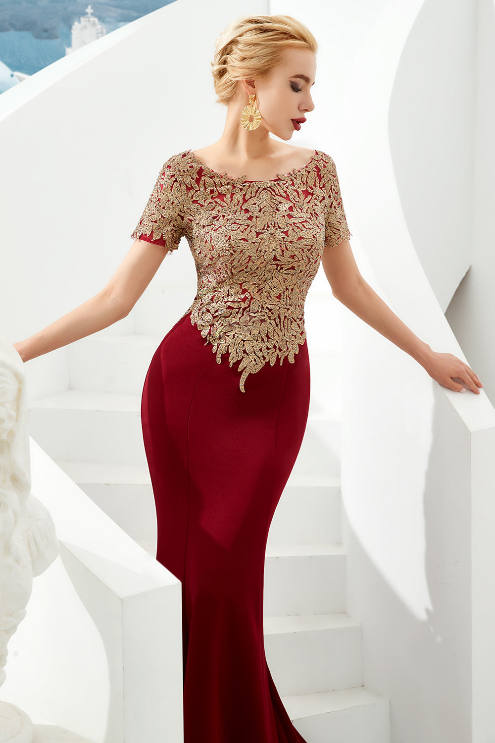 Mermaid Long Burgundy Jewel Lace Mermaid Formal Evening Dresses