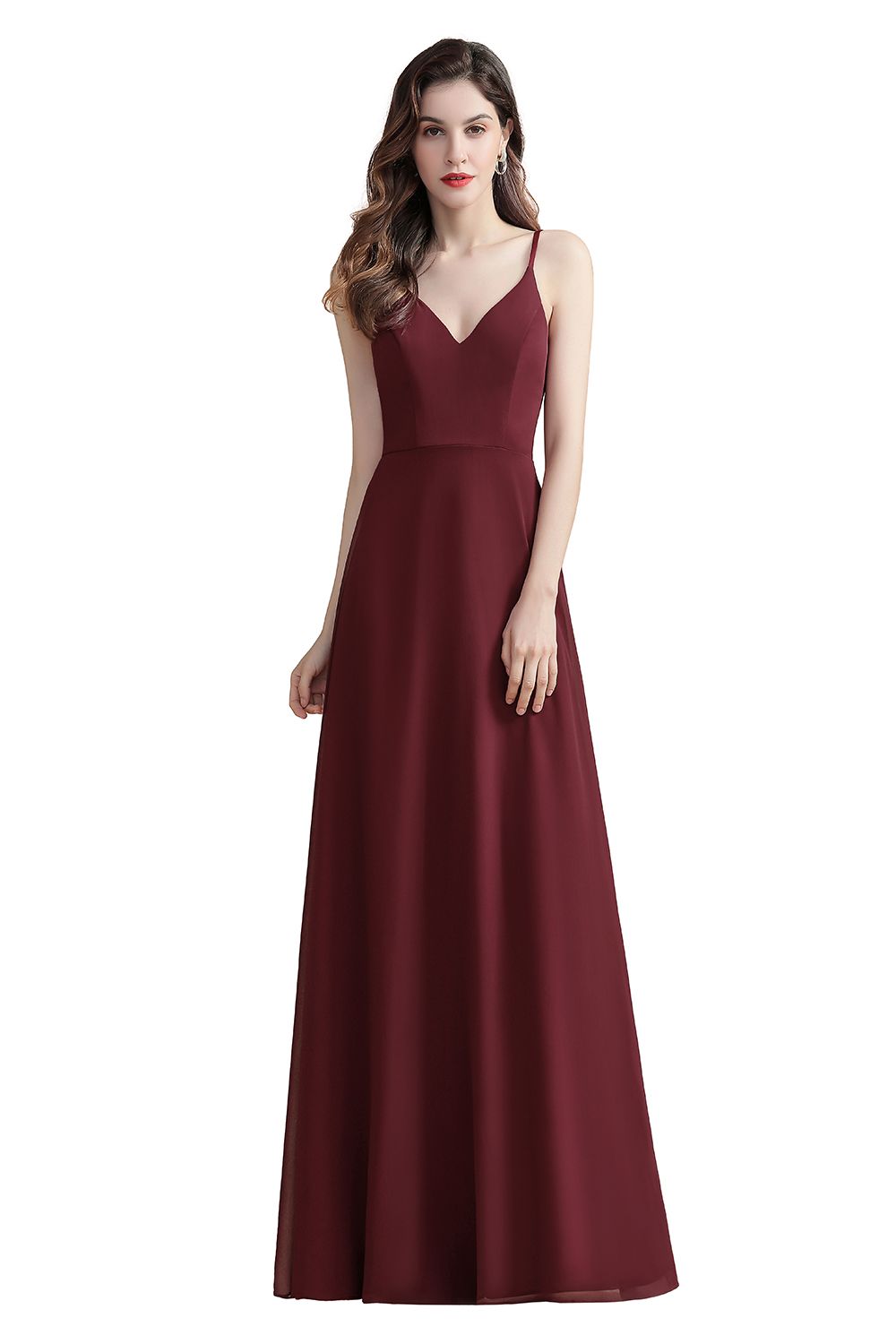 Elegant Spaghetti Straps V-Neck Chiffon Burgundy Long Bridesmaid Dress