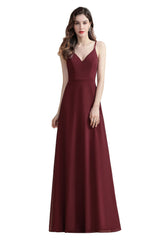 Elegant Spaghetti Straps V-Neck Chiffon Burgundy Long Bridesmaid Dress