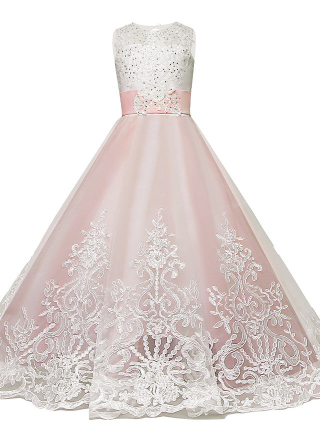 Long A-line Tulle Lace Sleeveless Jewel Neck Pageant Flower Girl Dresses