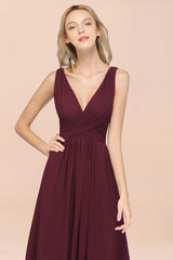 A-Line Chiffon V-Neck Sleeveless Floor Length Bridesmaid Dress with Ruffle