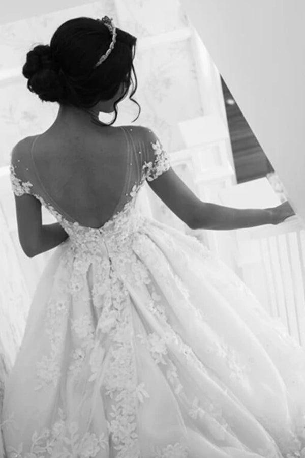 Gorgeous Long A-line Tulle Jewel Beading Appliques Lace Wedding Dresses