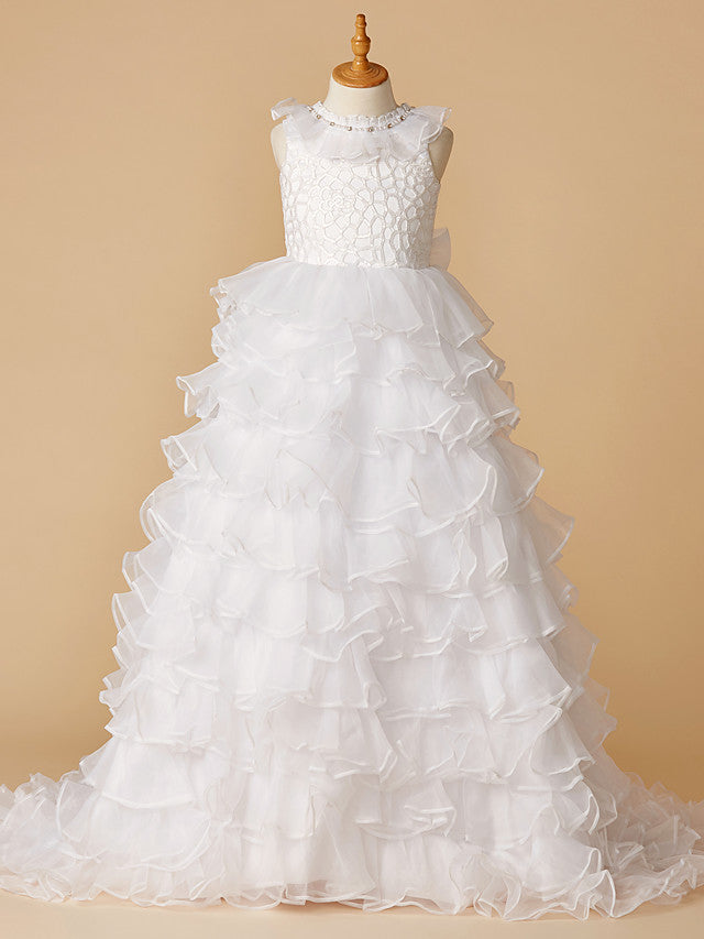White Long A-line Tulle Lace Sleeveless First Communion Flower Girl Dresses