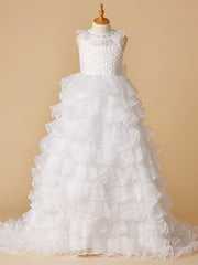 White Long A-line Tulle Lace Sleeveless First Communion Flower Girl Dresses