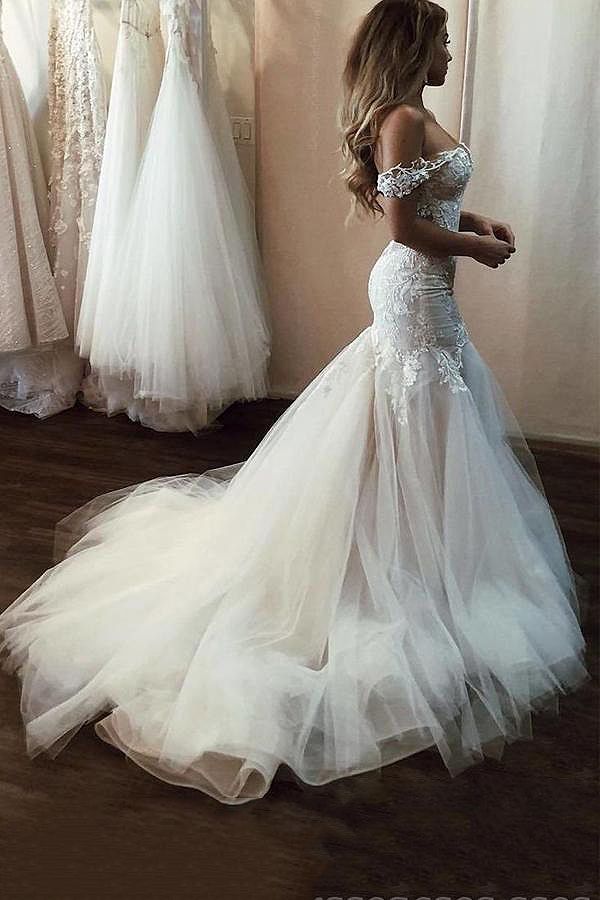 Long Mermaid Off the Shoulder Tulle Lace Backless Wedding Dresses