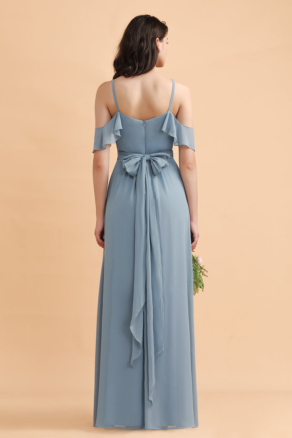Dusty Blue Off the Shoulder A-Line Soft Chiffon Bridesmaid Dress With Pockets