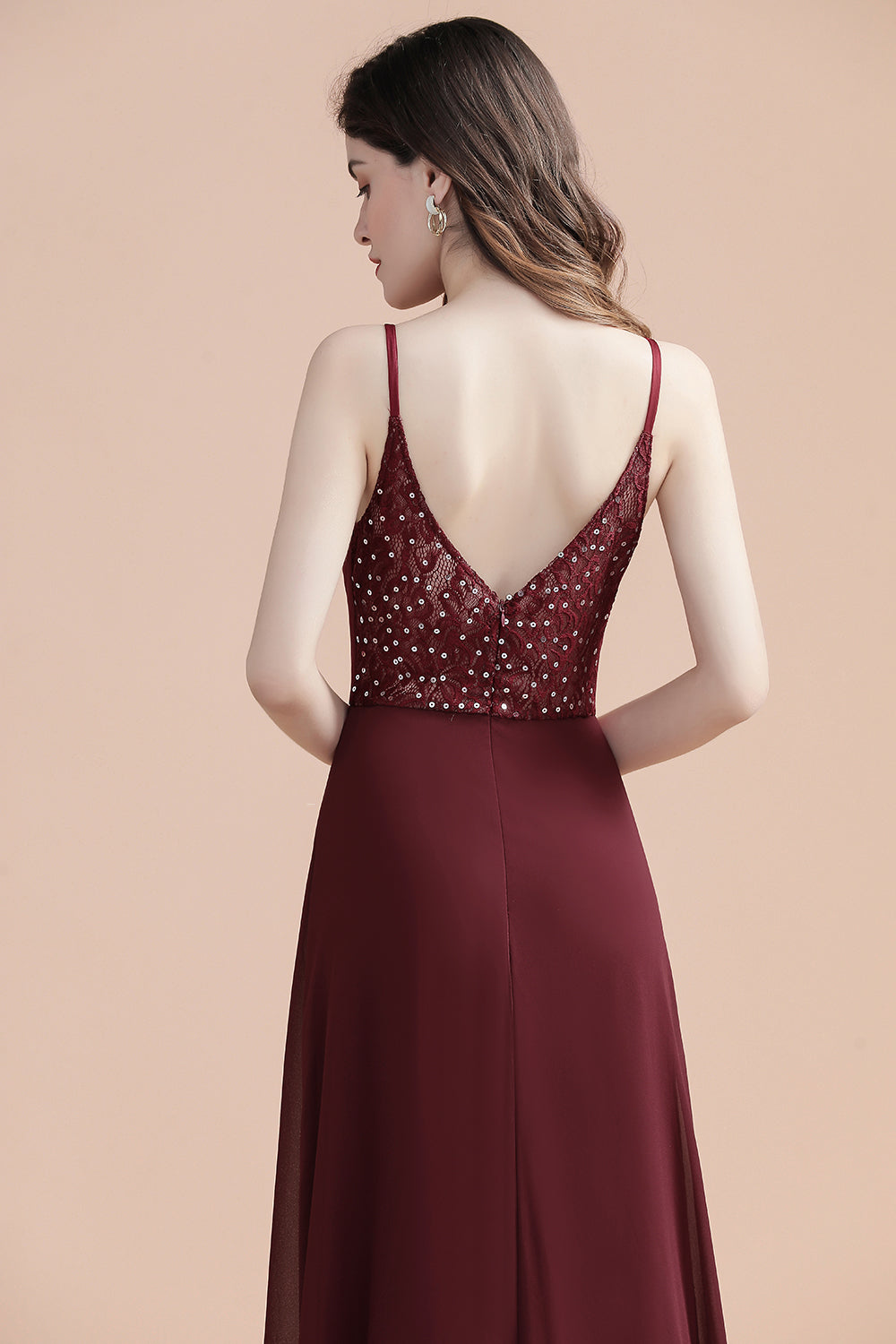 Elegant Spaghetti Straps V-Neck Chiffon Burgundy Long Bridesmaid Dress
