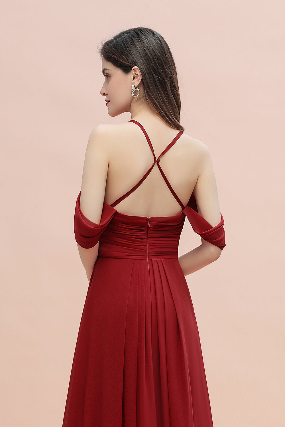 Elegant Long A-line Chiffon V-neck Bridesmaid Dress with Straps Cross Back