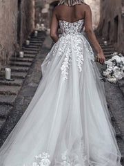 Long A-Line Sweetheart Tulle Lace Sleeveless Wedding Dresses