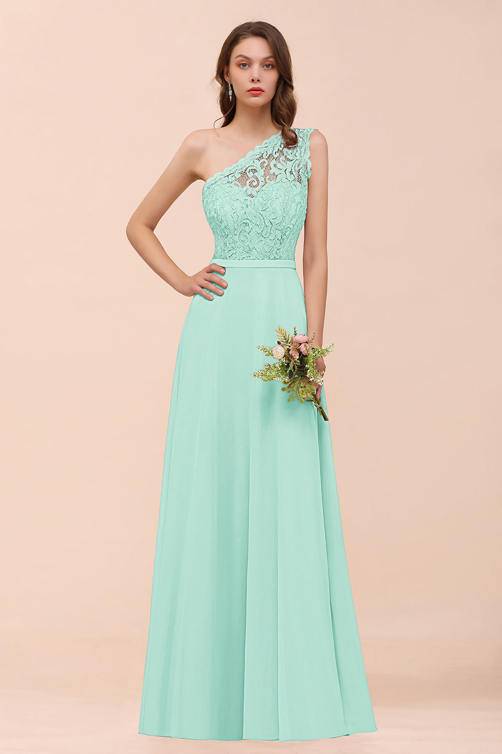 Classy One Shoulder Appliques Lace Floor Length A-Line Chiffon Bridesmaid Dress