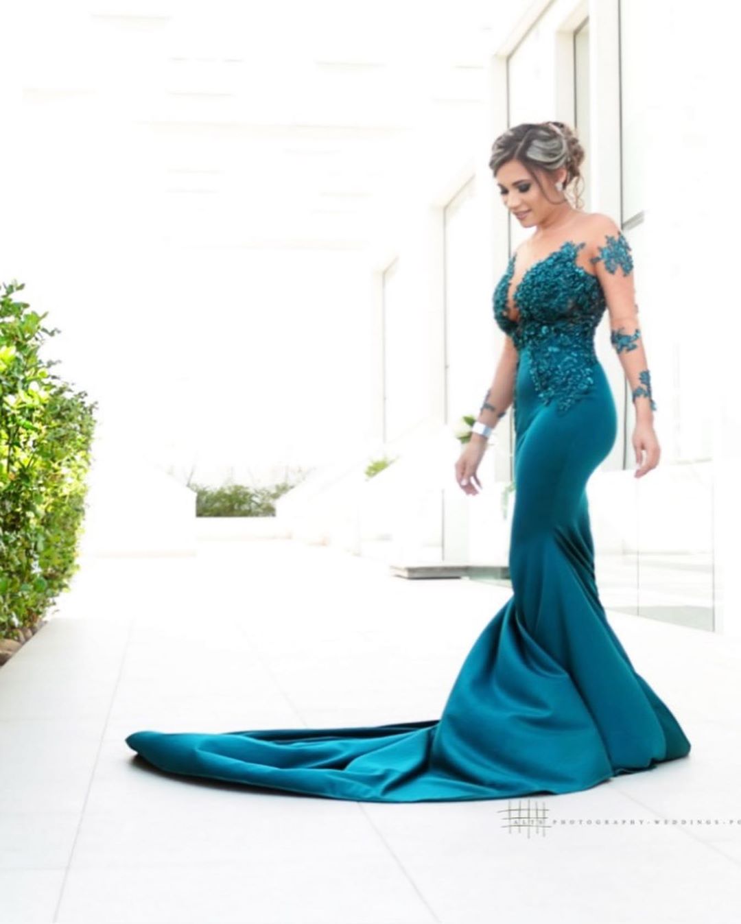 Long Tulle Lace Jewel Satin Mermaid Formal Dress with Sleeves