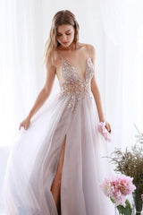 Long V-neck Tulle Beaded A-line Prom Dress with Slit
