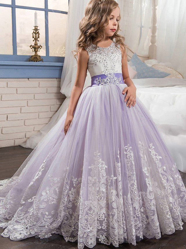 Long A-line Tulle Lace Sleeveless Jewel Neck Pageant Flower Girl Dresses