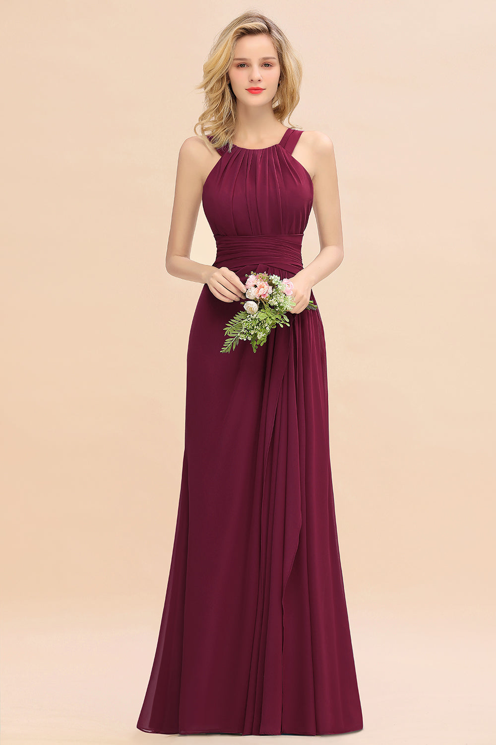 Long A-line Halter Chiffon Backless Floor Length Bridesmaid Dresses