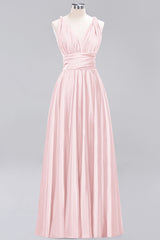 Simple A-Line V-Neck Sleeveless Ruffles Floor Length Bridesmaid Dress