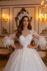 Charming Long A-line Sweetheart Tulle Appliques Lace Wedding Dress with Sleeves