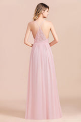 Vintage Spaghetti Straps Chiffon Bridesmaid Dress A-Line V-neck Evening Dress