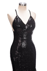 Mermaid V-neck Spaghetti Straps Floor Length Sequined Long Prom Dresses