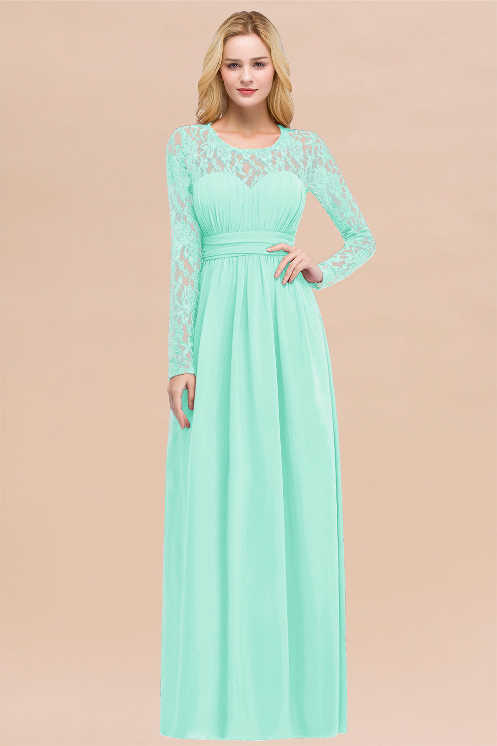 Elegant A-Line Chiffon Jewel Long Sleeves Ruffles Floor Length Bridesmaid Dresses