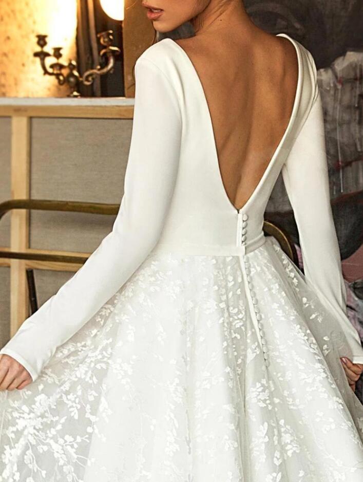 Simple Long A-line V-neck Satin Tulle Lace Wedding Dresses with Sleeves