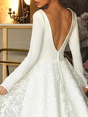 Simple Long A-line V-neck Satin Tulle Lace Wedding Dresses with Sleeves