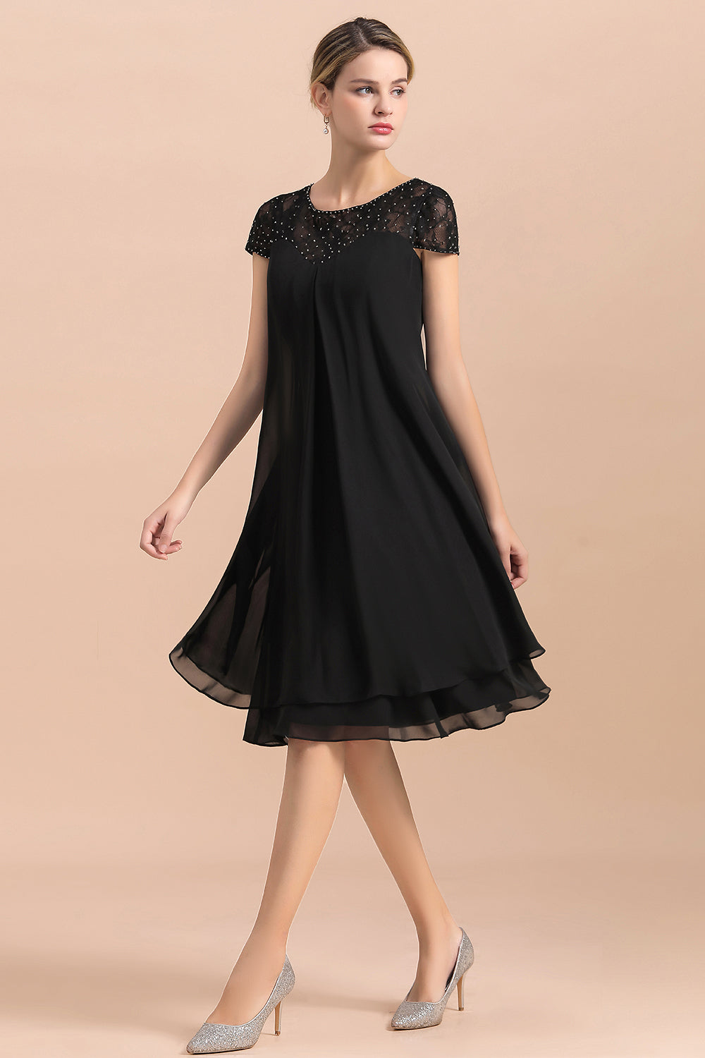 Chiffon Black Cap Sleeve Short Mother of Bride Dress