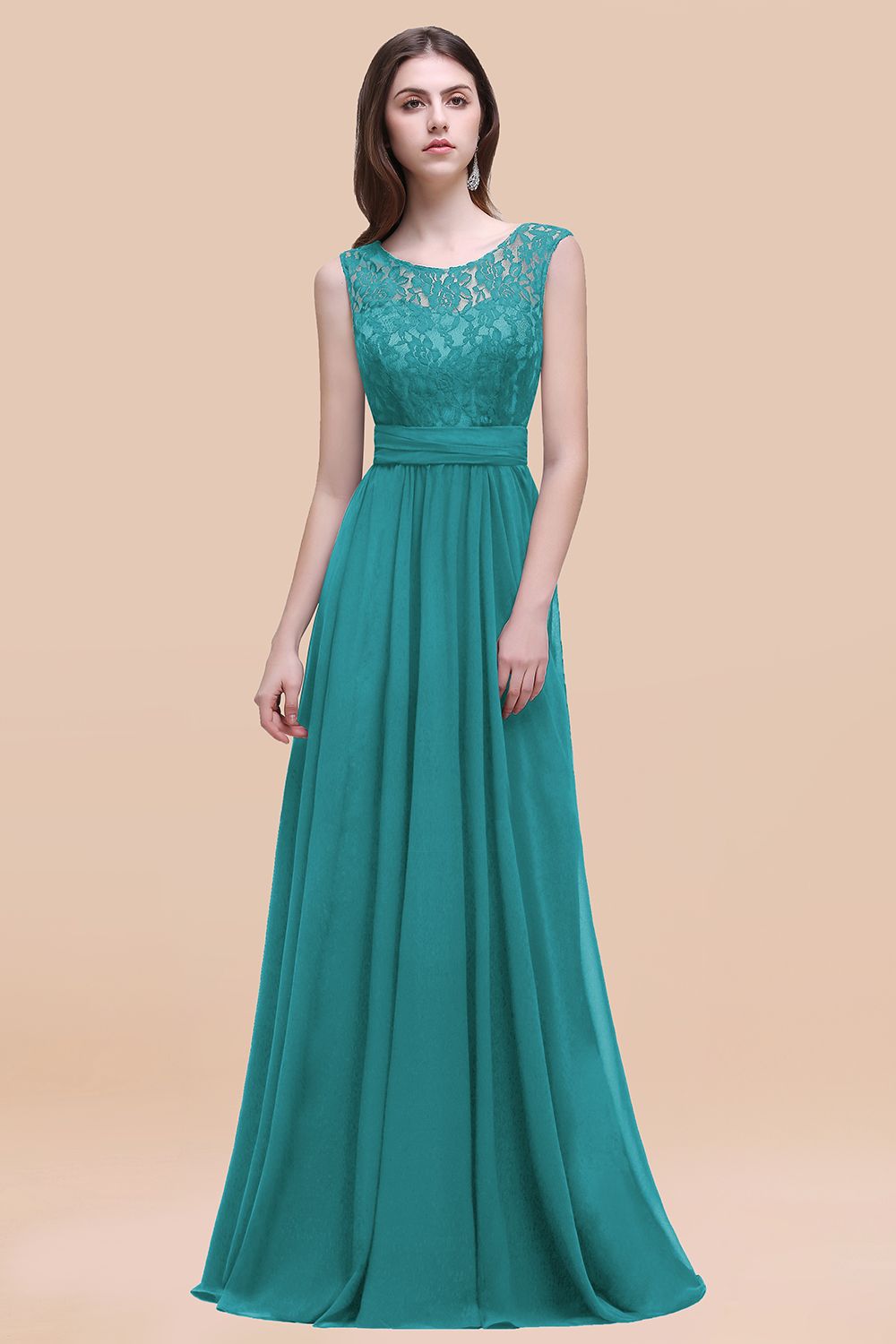 Elegant A-line Chiffon Lace Scoop Sleeveless Floor Length Bridesmaid Dress