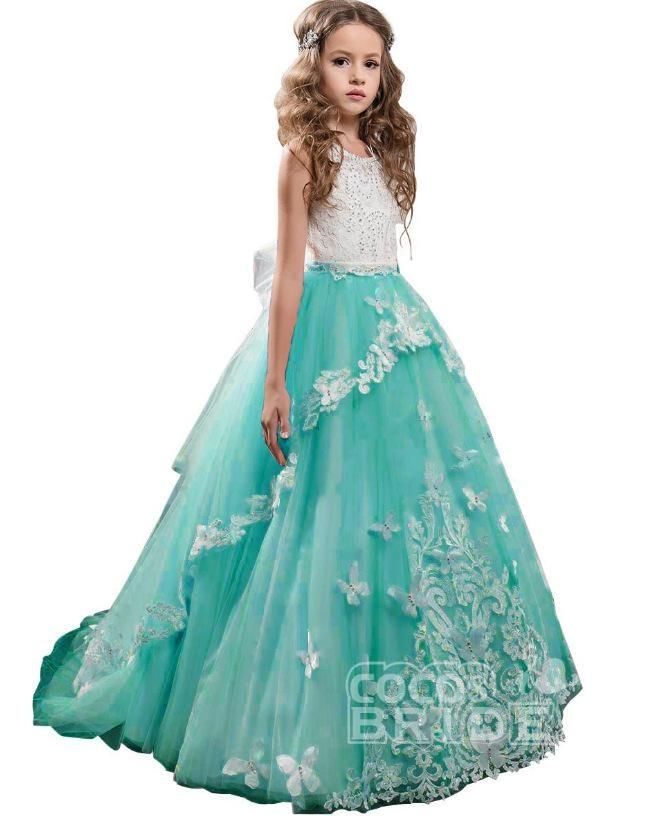 Long Tulle Lace Scoop Neck Sleeveless Ball Gown Flower Girl Dress