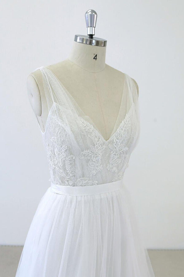 Long White V-neck Ruffle Applqiues Tulle A-line Wedding Dress