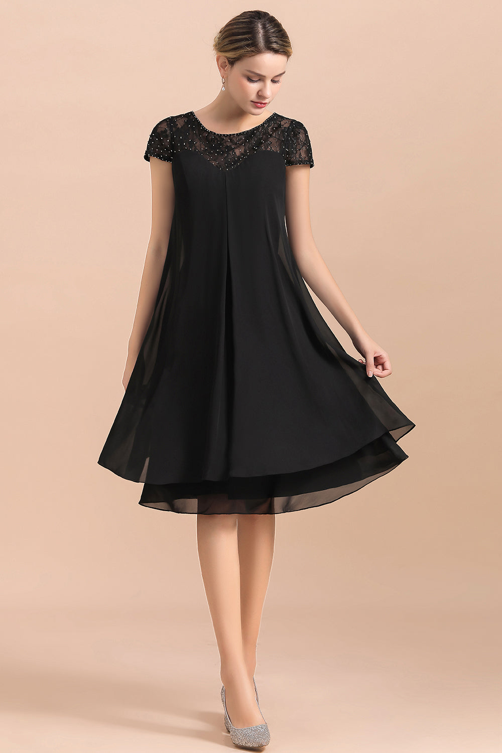 Chiffon Black Cap Sleeve Short Mother of Bride Dress
