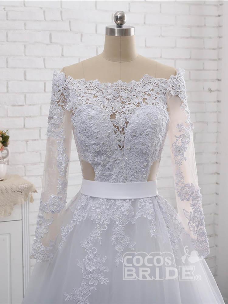 Elegant Long Sleeves Lace Covered Button Ball Gown Wedding Dresses