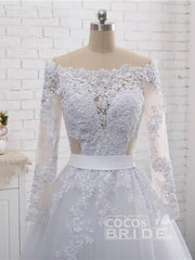 Elegant Long Sleeves Lace Covered Button Ball Gown Wedding Dresses