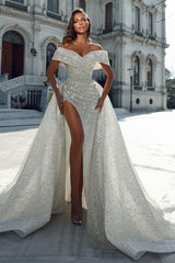 Glamorous A-Line Off the Shoulder Sequined Long Wedding Dress with High Split