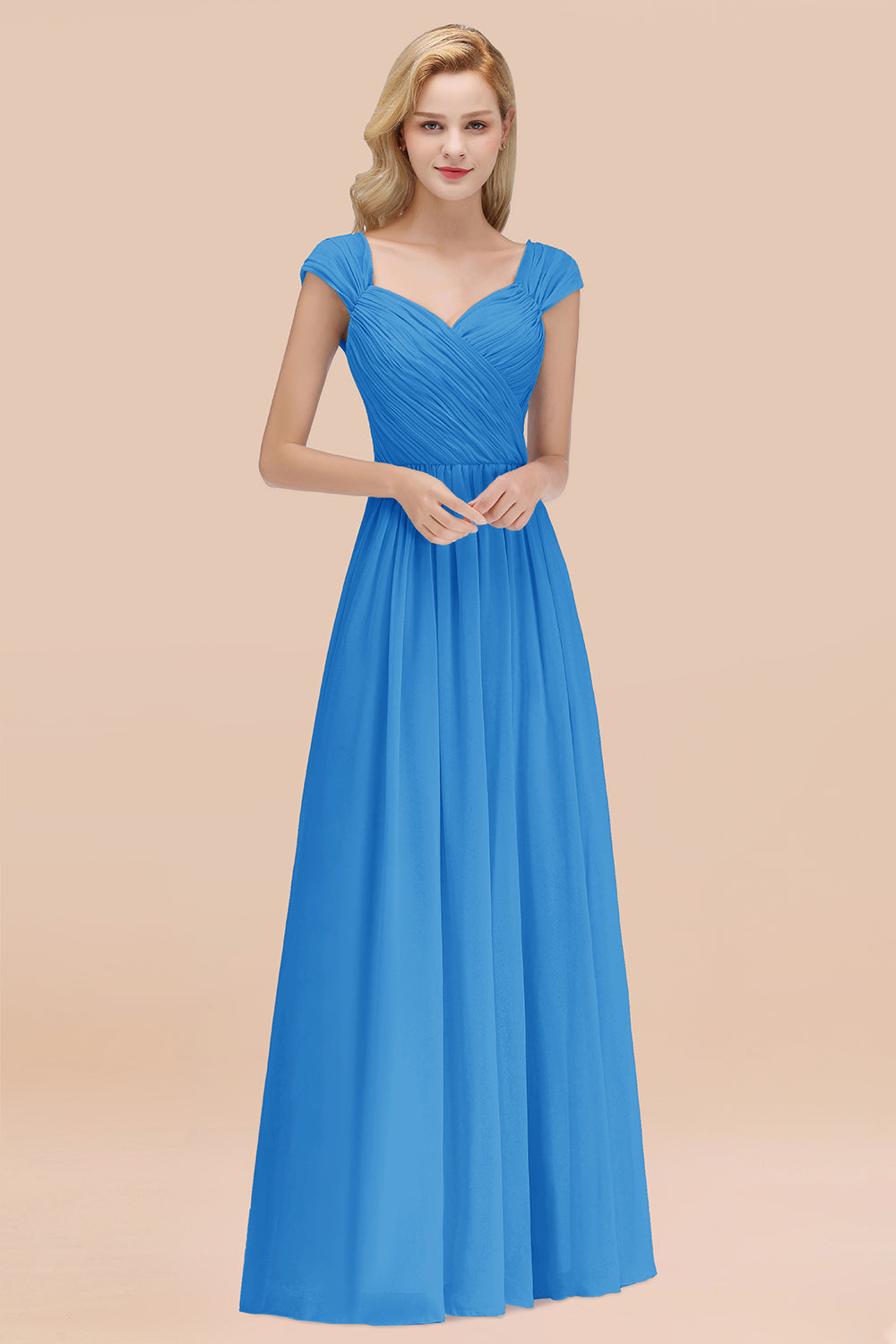 A-Line Chiffon Straps Sweetheart Sleeveless Floor Length Bridesmaid Dress with Ruffles