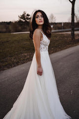 Simple Long A-line V-neck Tulle Lace Wedding Dress