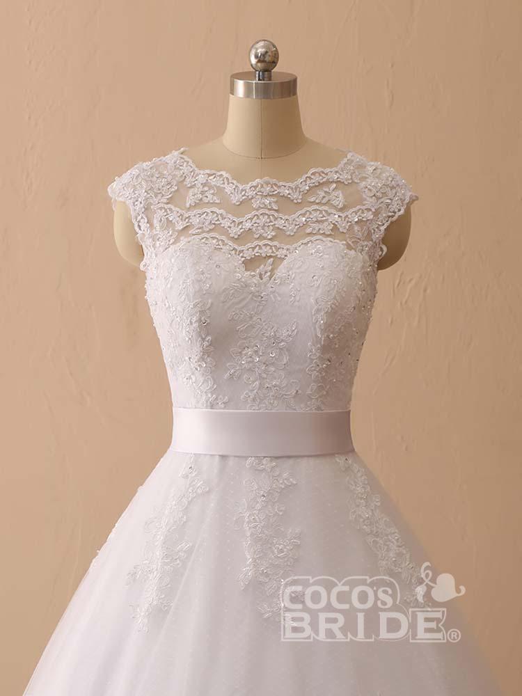 Elegant Long Cap Sleeves Lace Ball Gown Wedding Dresses