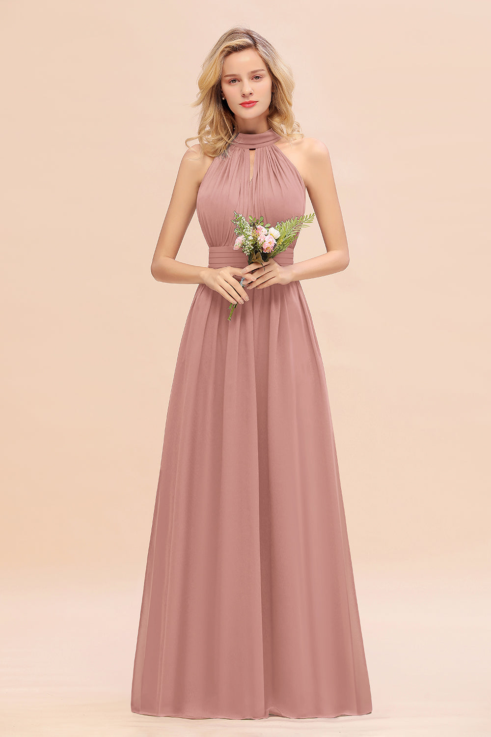 Dusty Sage Long High Neck Chiffon Bridesmaid Dresses with Ruffle