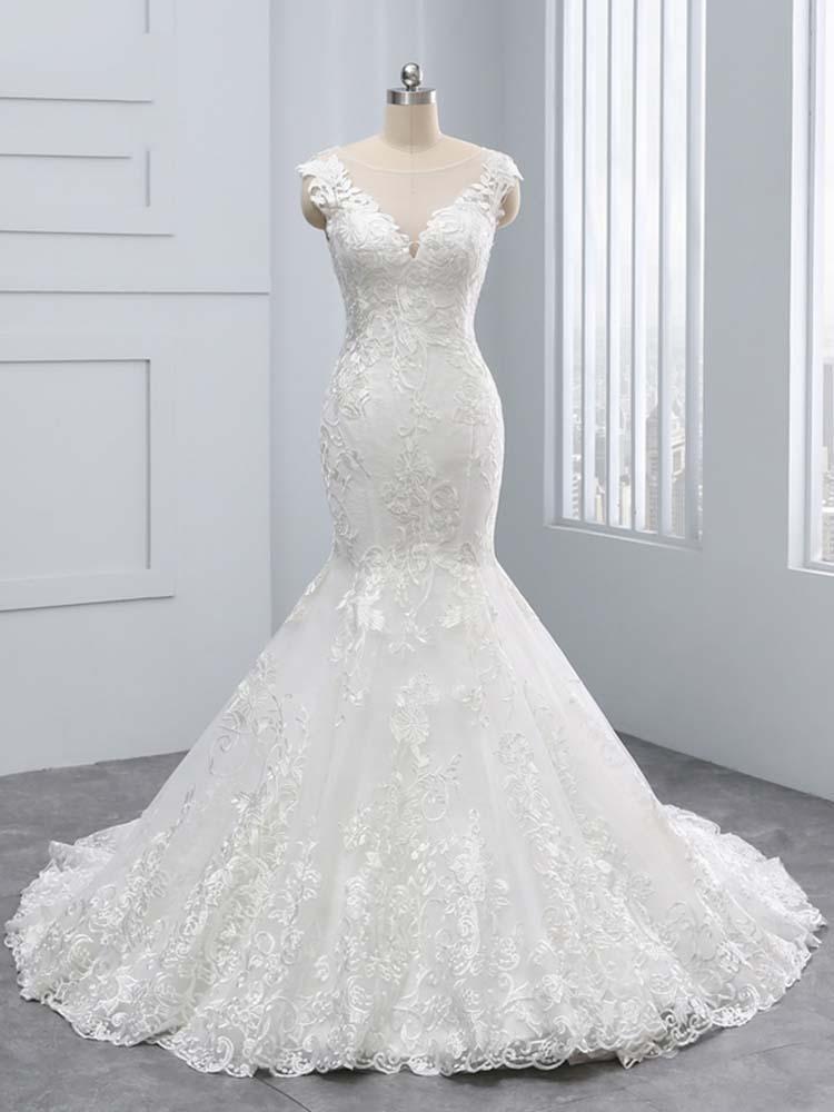 Elegant Long V-Neck Lace Tulle Mermaid Wedding Dresses