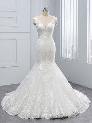 Elegant Long V-Neck Lace Tulle Mermaid Wedding Dresses