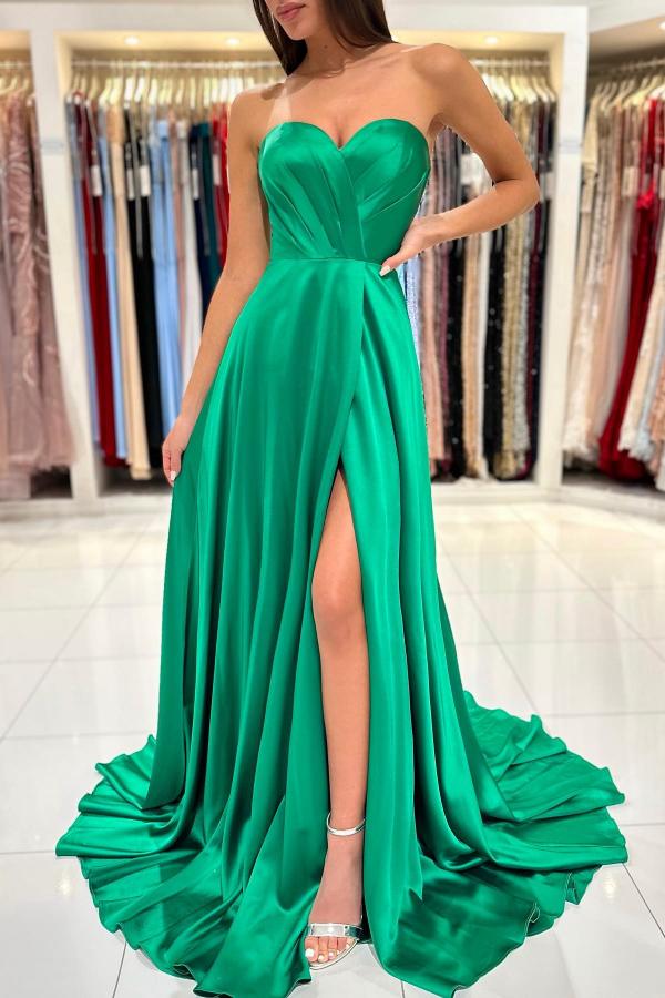 Long A-line Sweetheart Satin Prom Dress with Slit