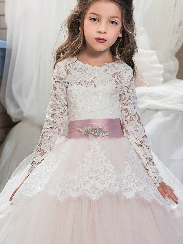 Long Ball Gown Jewel Neck Lace Flower Girl Dresses with Sleeves