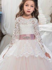 Long Ball Gown Jewel Neck Lace Flower Girl Dresses with Sleeves